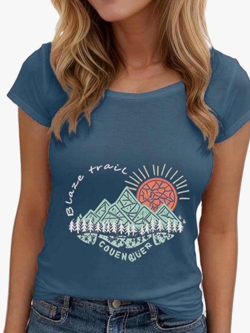 Chic Nation Blue Graphic Tee with Mountain & Sun